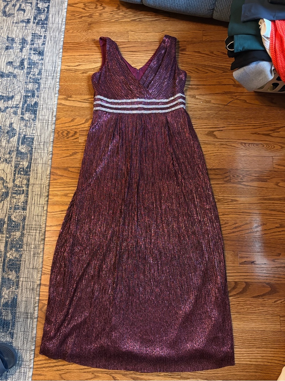 R&M Richards Metallic Burgundy Evening Dress Rhinestone Waist Size 12